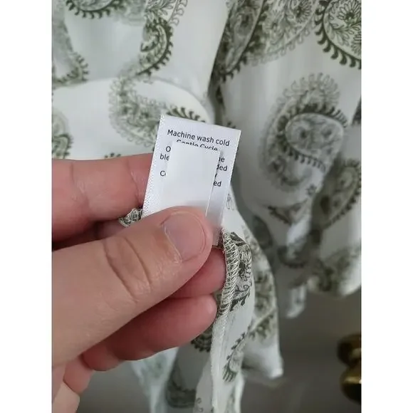 41Hawthorn Green White Paisley V Neck Belle Flare Tie Sleeves Sheer. Size M - Picture 9 of 11